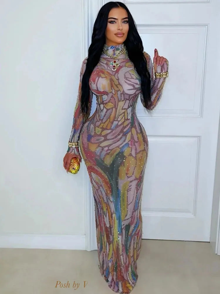 Colourful Tie Dye Print Bodycon Maxi Dress