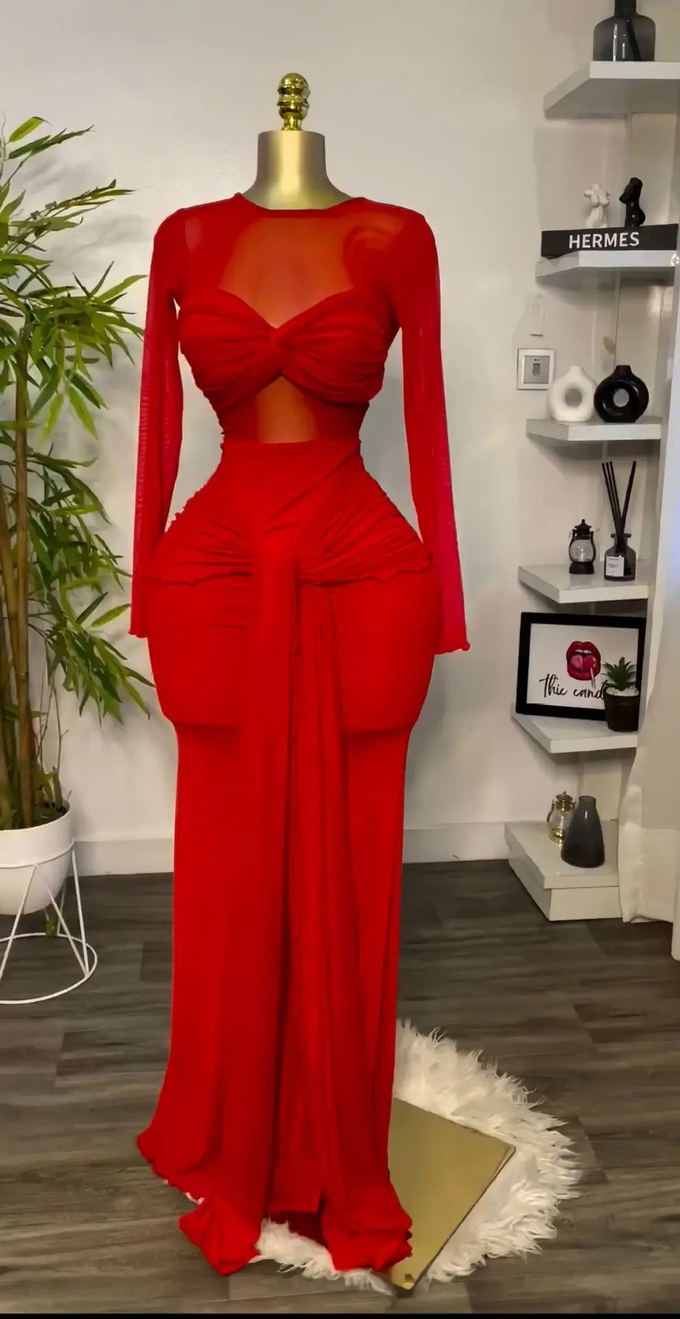 Mesh See Though Long Sleeve Maxi Bowknot Long Dress