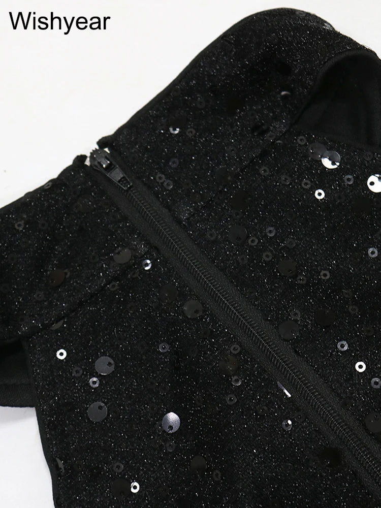 New Sequin Patchwork Elegant Bow Ribbion Sleeveless Black Short Dress