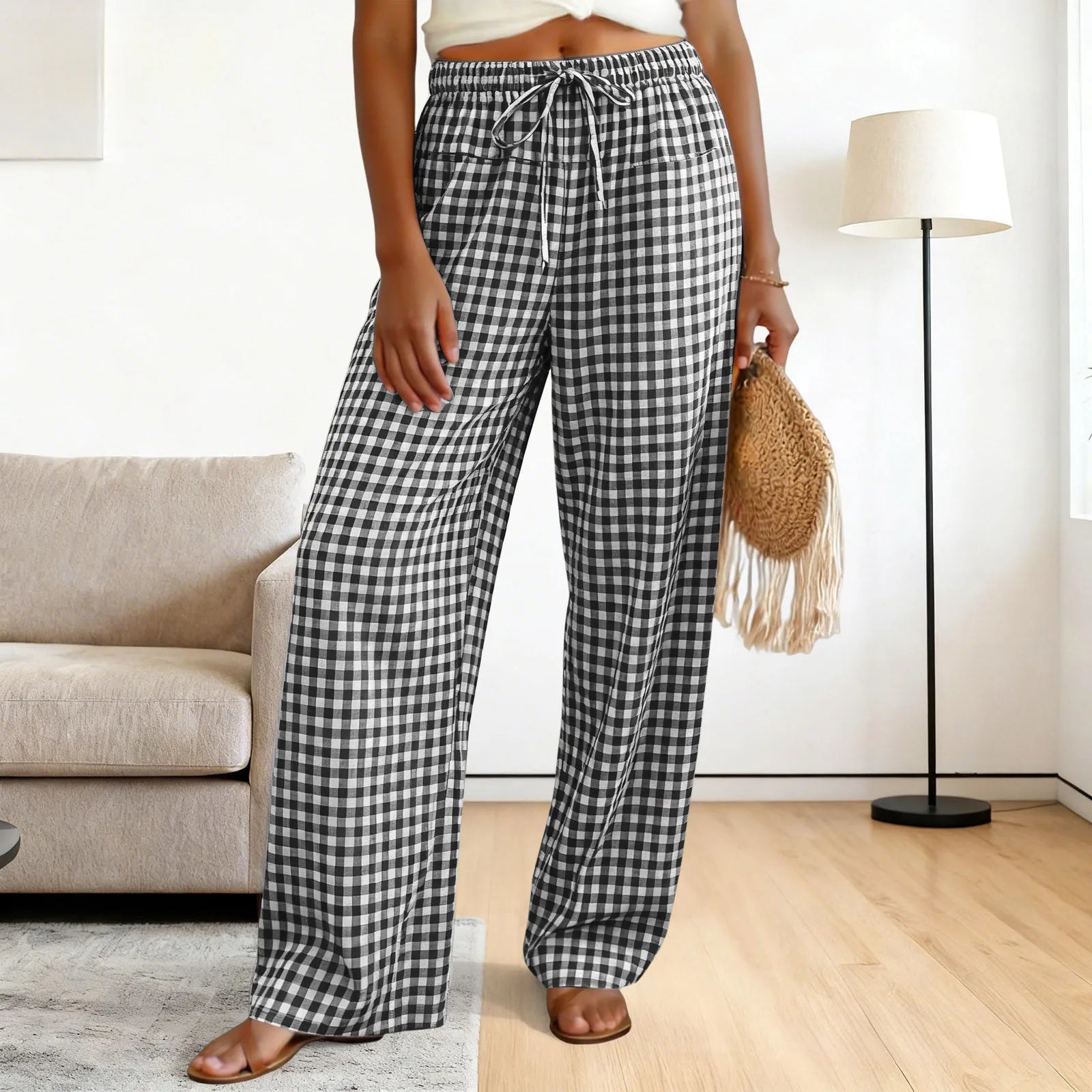 High Waisted Wide Leg Plaid Drawstring Casual Trousers