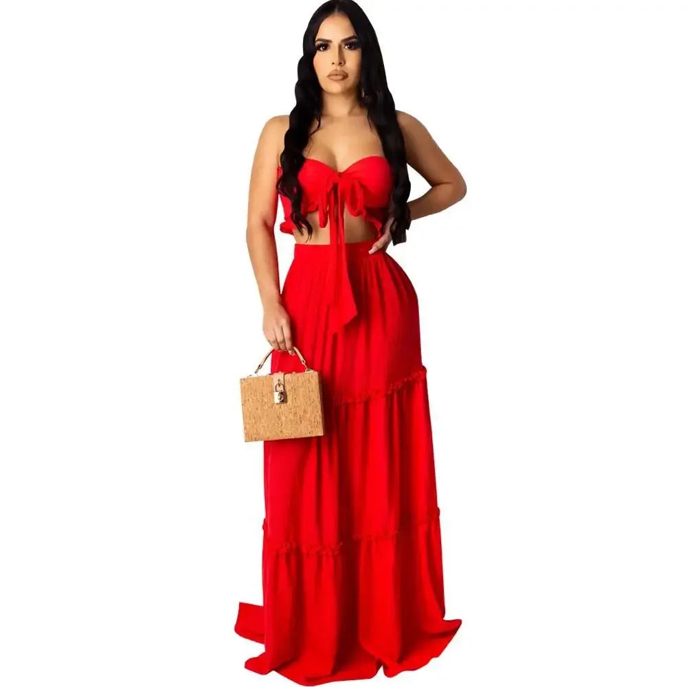 Solid Beach Bohemian Bow Strapless Crop Top Cascanding Ruffles Long Skirt