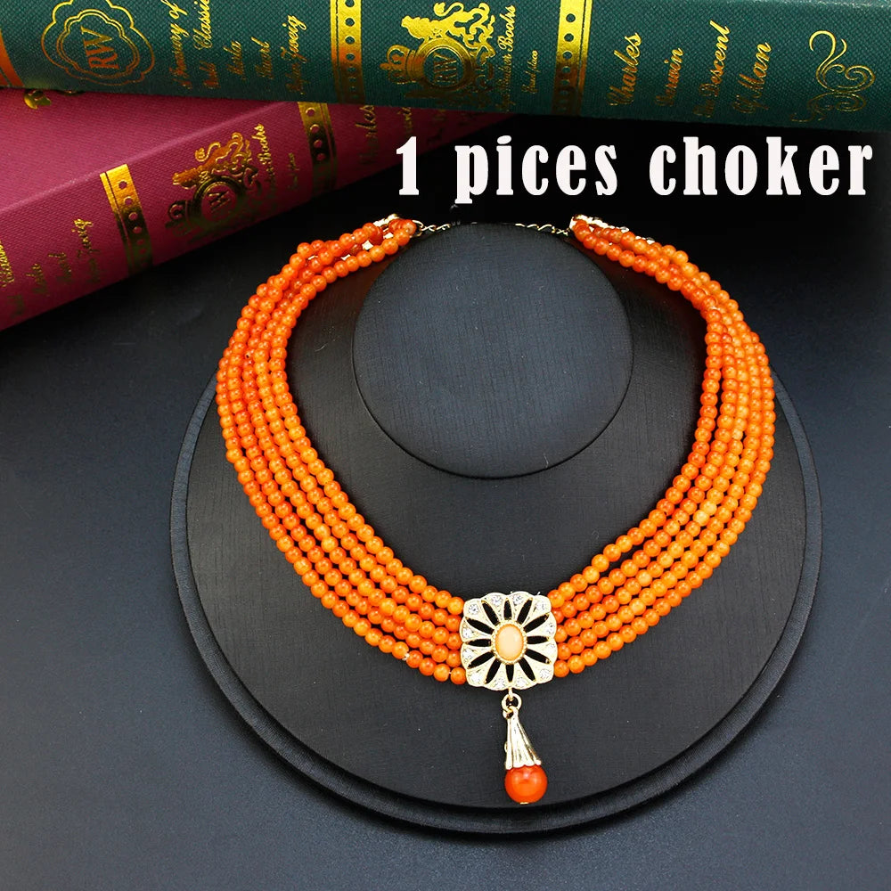 Gold Color Caftan Waist Chain Belt Orange Bead Choker Necklace Drop Earring Brooch
