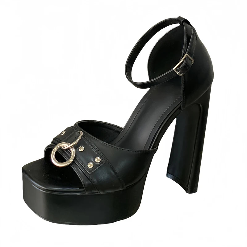 Solid Platform Buckle Strap Sandals Extreme Square Toe High Heels Shoes