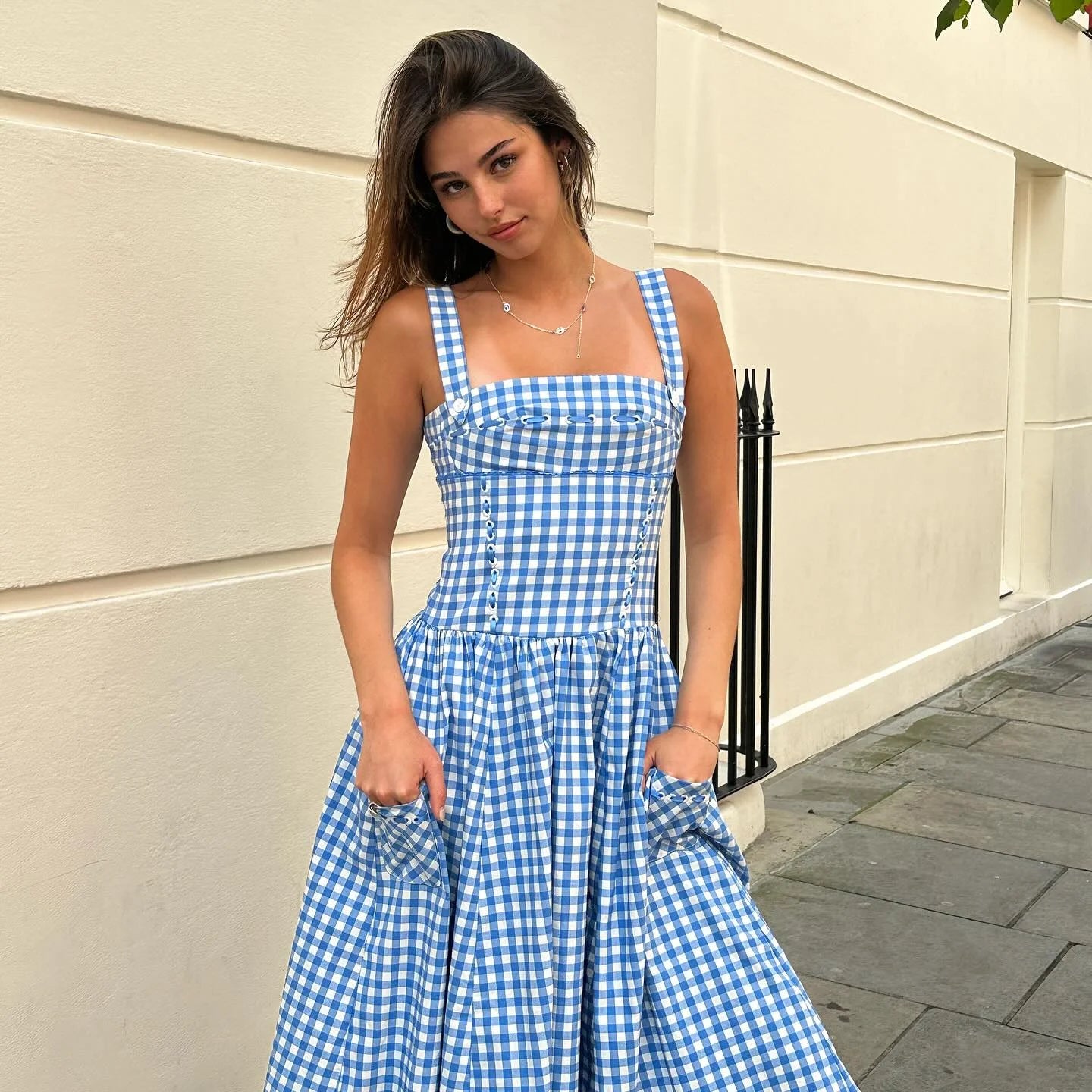 Midi Blue and White Plaid Dress with Pocket