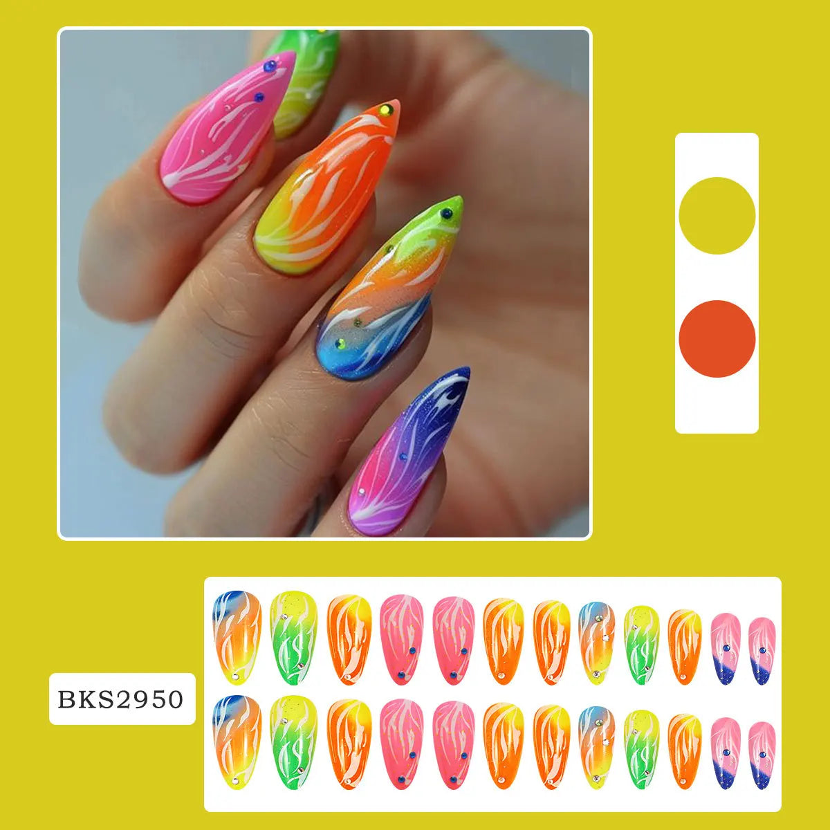 Long Stiletto Green Glitter Press On Nails with Rhinestones - 24pcs