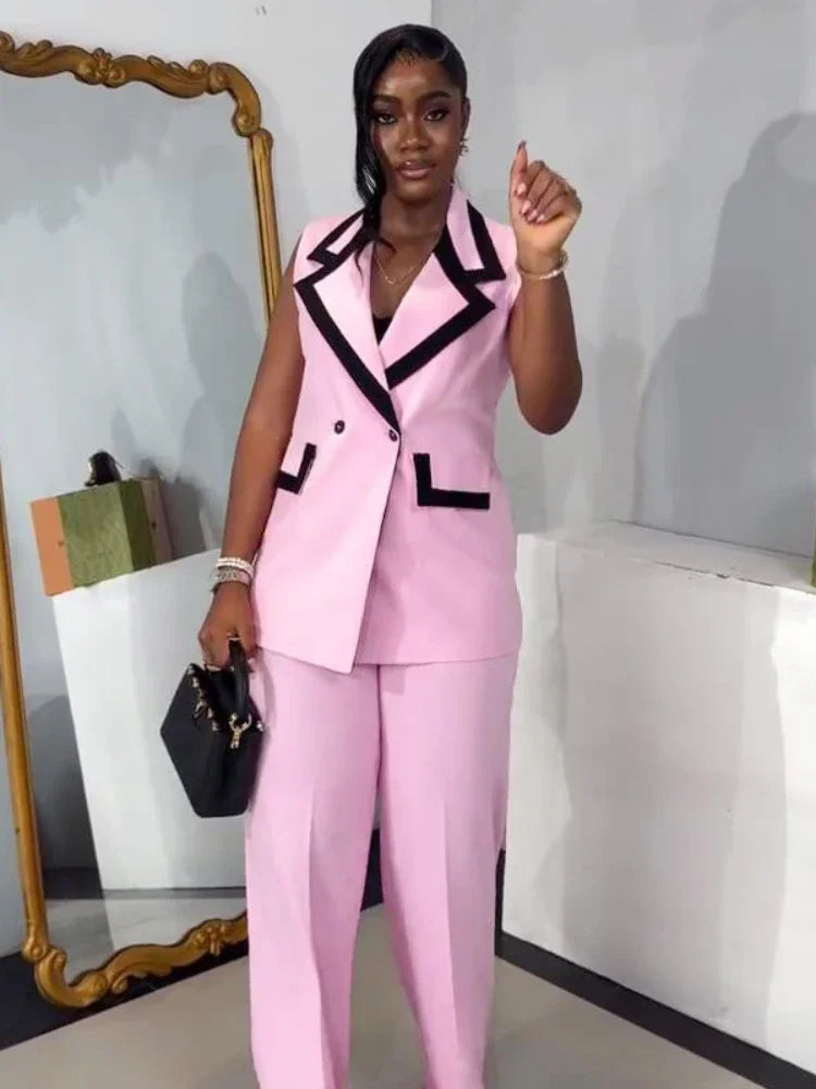 Elegant Color Blocking Sleeveless Vest Wide Leg Trousers 2-Piece Set