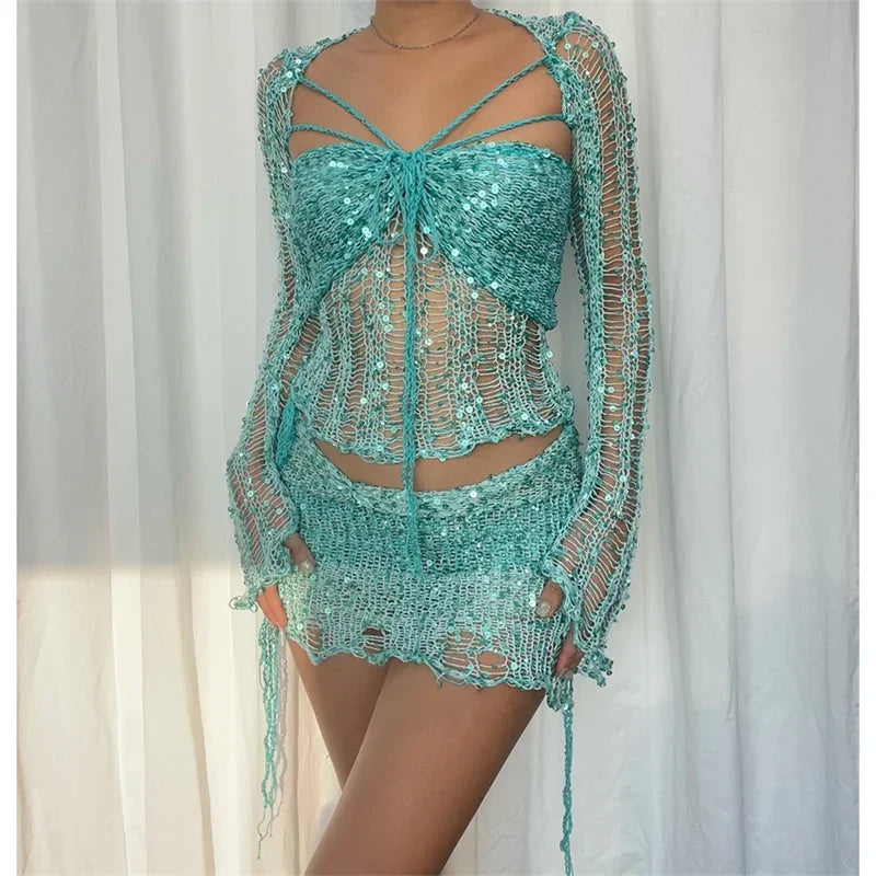 Glitter Sequins Knitted Skirt Sets Women 3 Piece Outfit