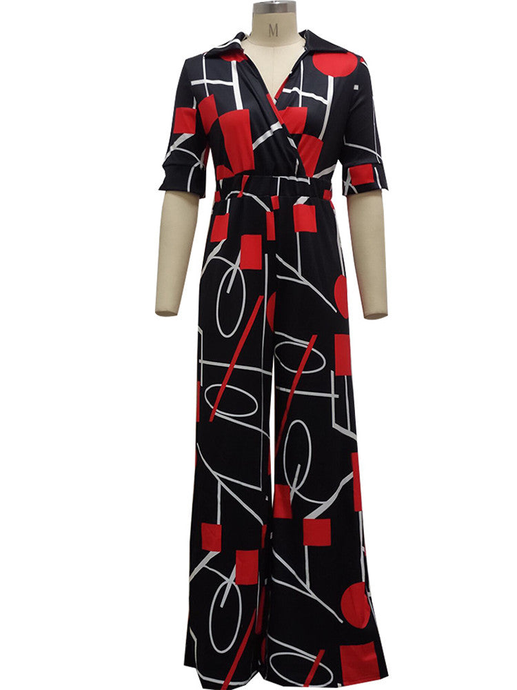 Aesthetic Print Chic Turn Down Collar Half Sleeve Wide Leg Jumpsuit