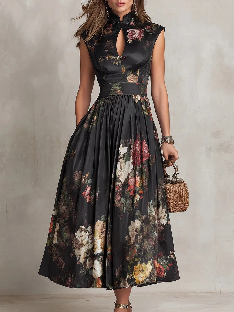 Spring Sleeveless Black Floral Long Dress