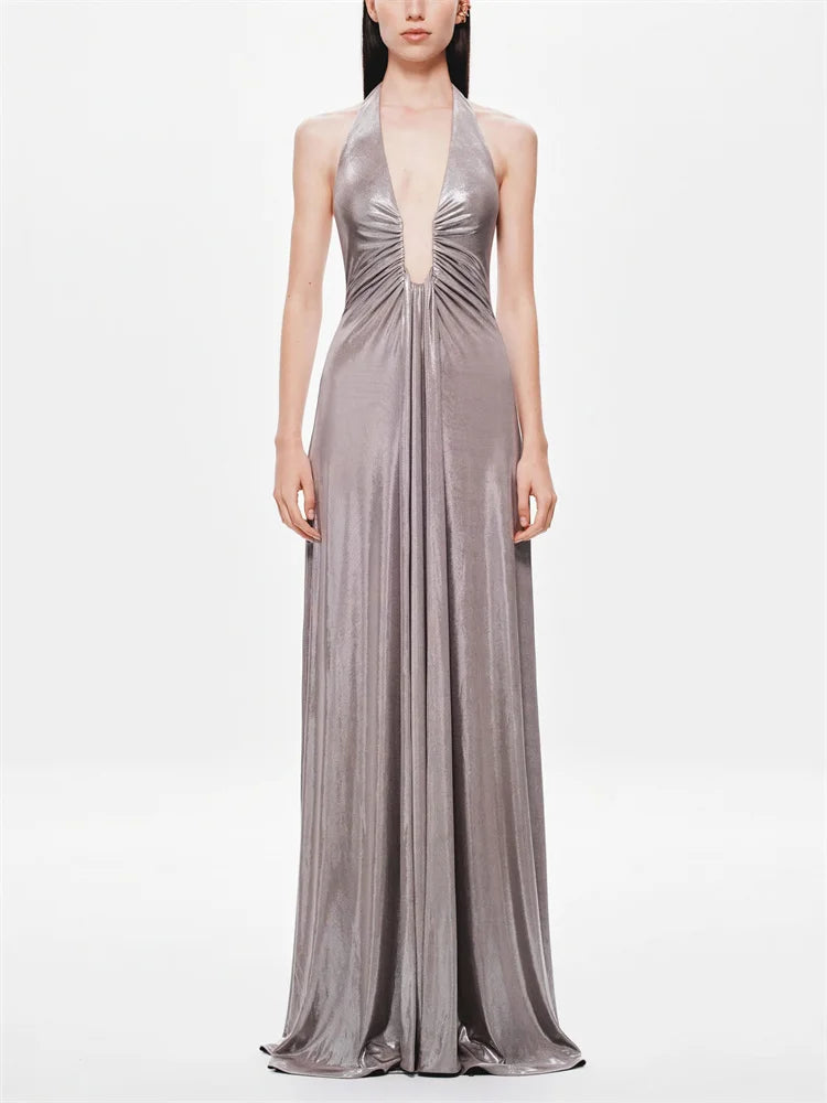 Summer Fashion V-Neck High Waist Backless Slim Pleated Solid Elegant Party Dress