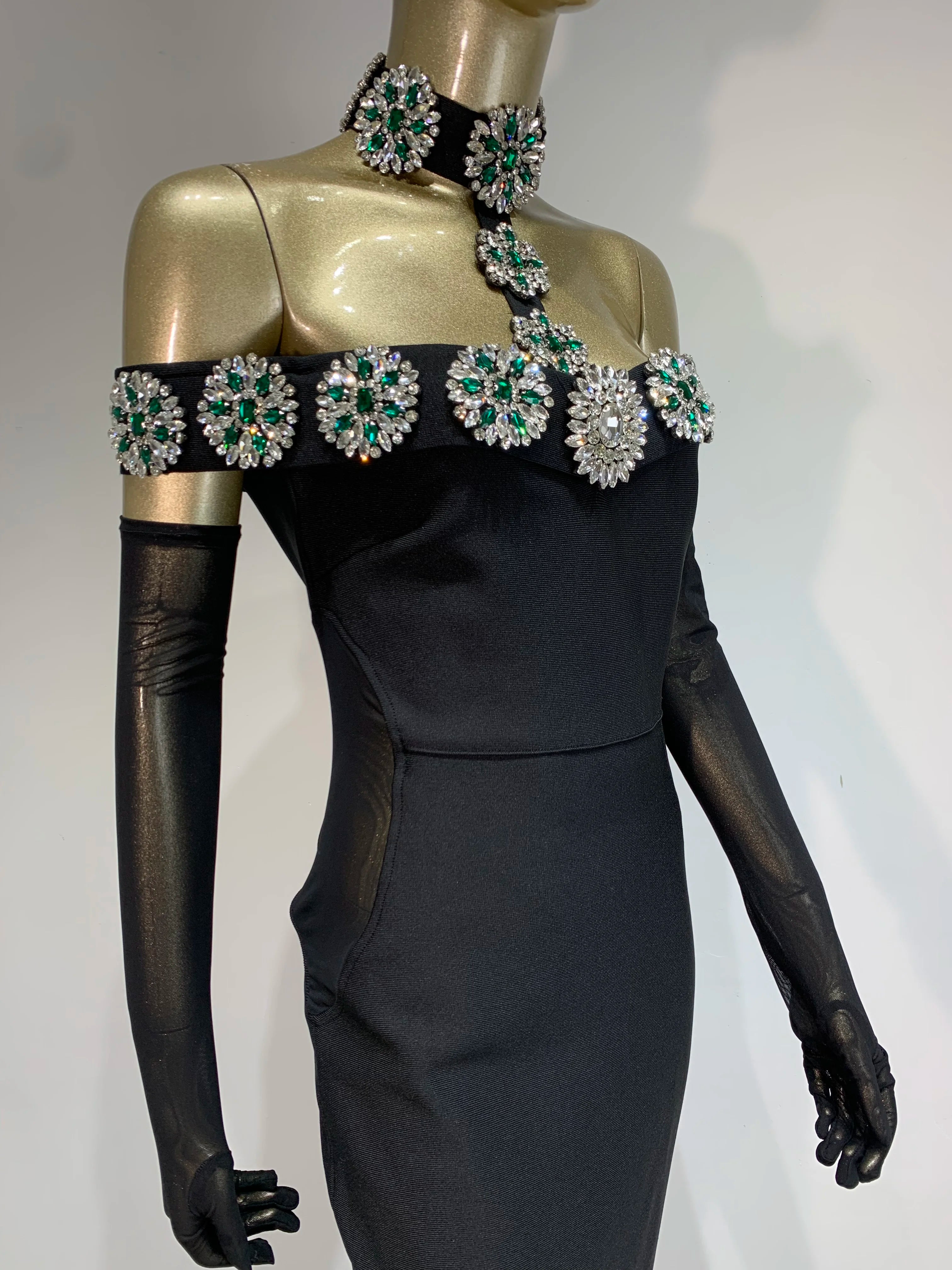 Celebrity Sexy Diamonds Crystal Black Maxi Long Bodycon Elegant Dress