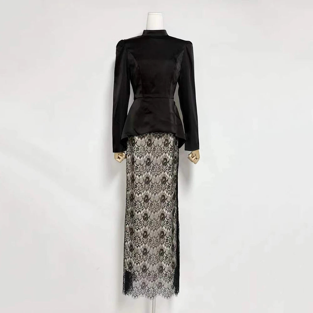 Solid Elegant Stand Collar Long Sleeve Top High Waist Lace Skirt Slimming Set