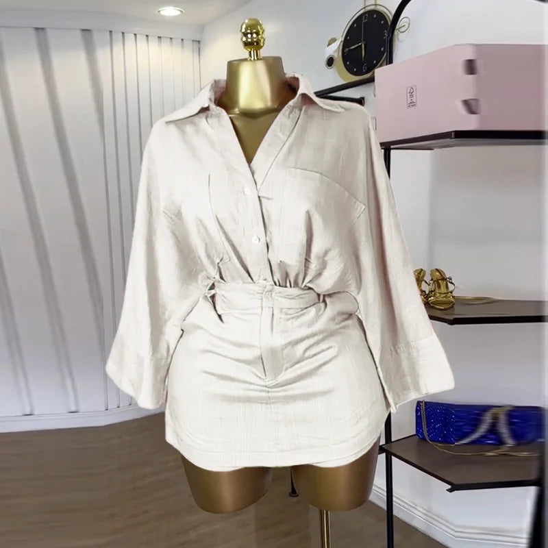 Full Sleeve Turn-down Collar T-shirt and Shorts 2 Piece Sets