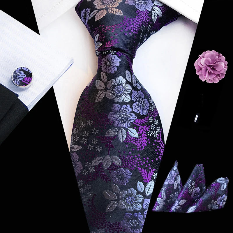 Floral  Neck Tie Set Handkerchief Brooch Cufflinks Men Accessories