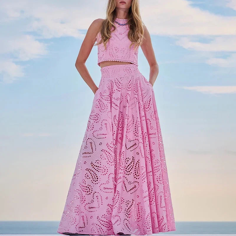 Slim Lace  O Neck Sleeveless Vest Top+Long Skirt Set