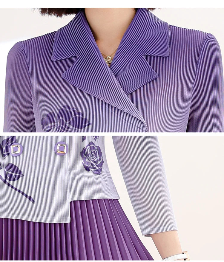 Spring New Suit Collar Flower Print Temperament Waist Wrap Gradient Fake Two Piece Pleated Dress