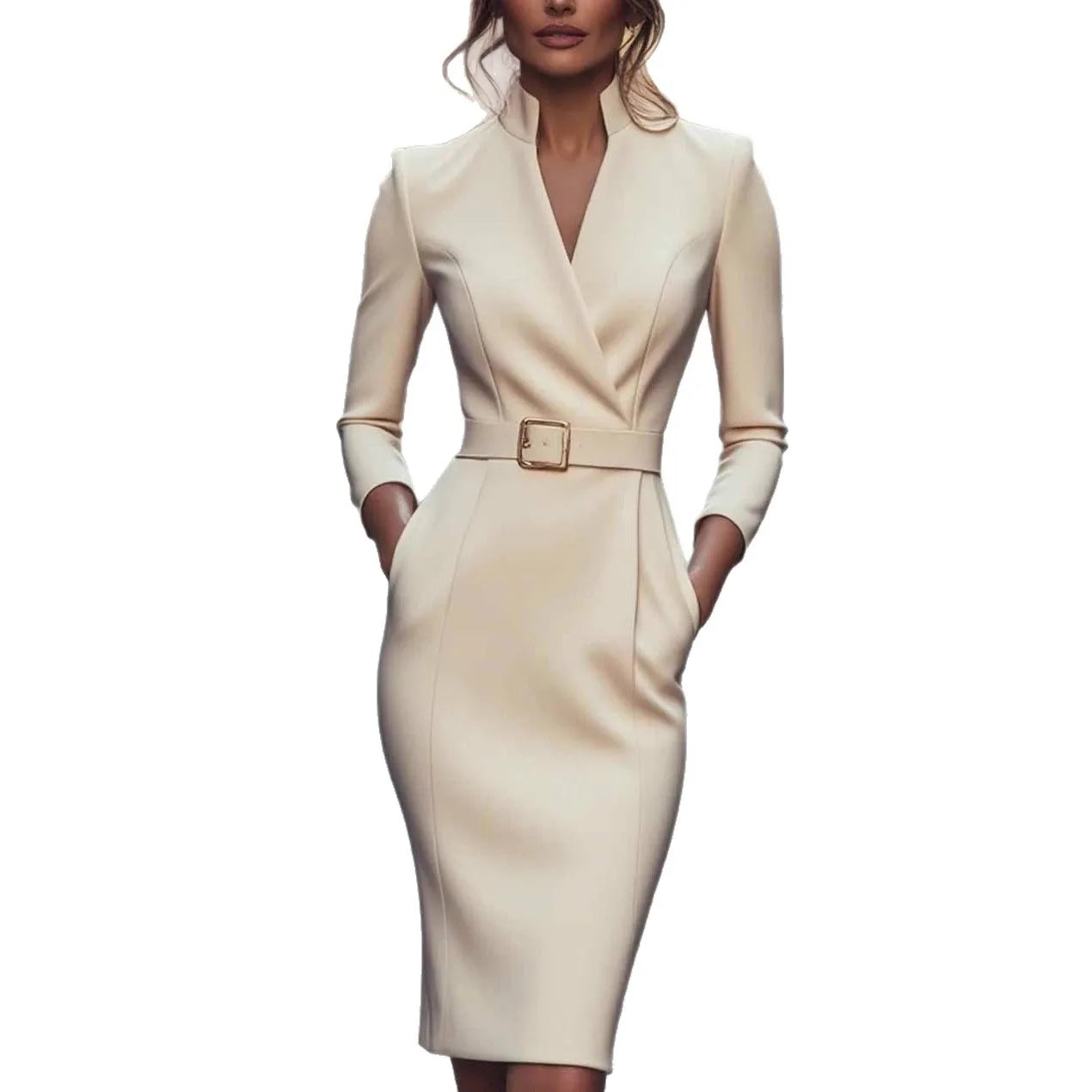 Women’s Elegant Solid V‑Neck Office Dress