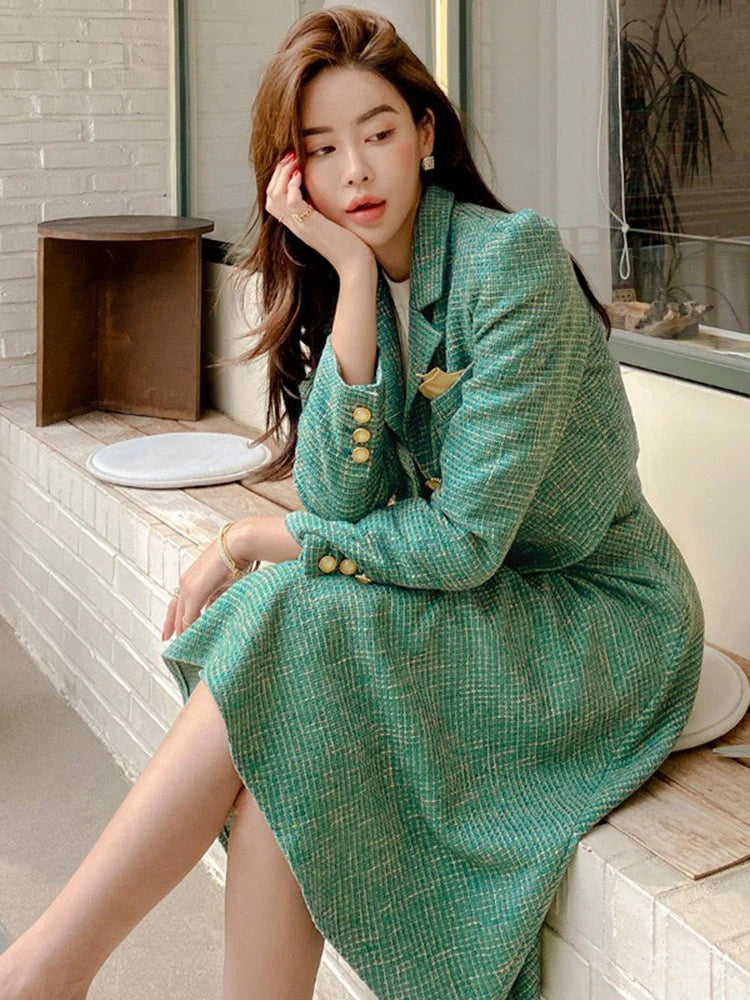 Stripe Vintage Lady Single Breasted Short Blazer Coat Suit Jacket High Waist Midi Skirt \