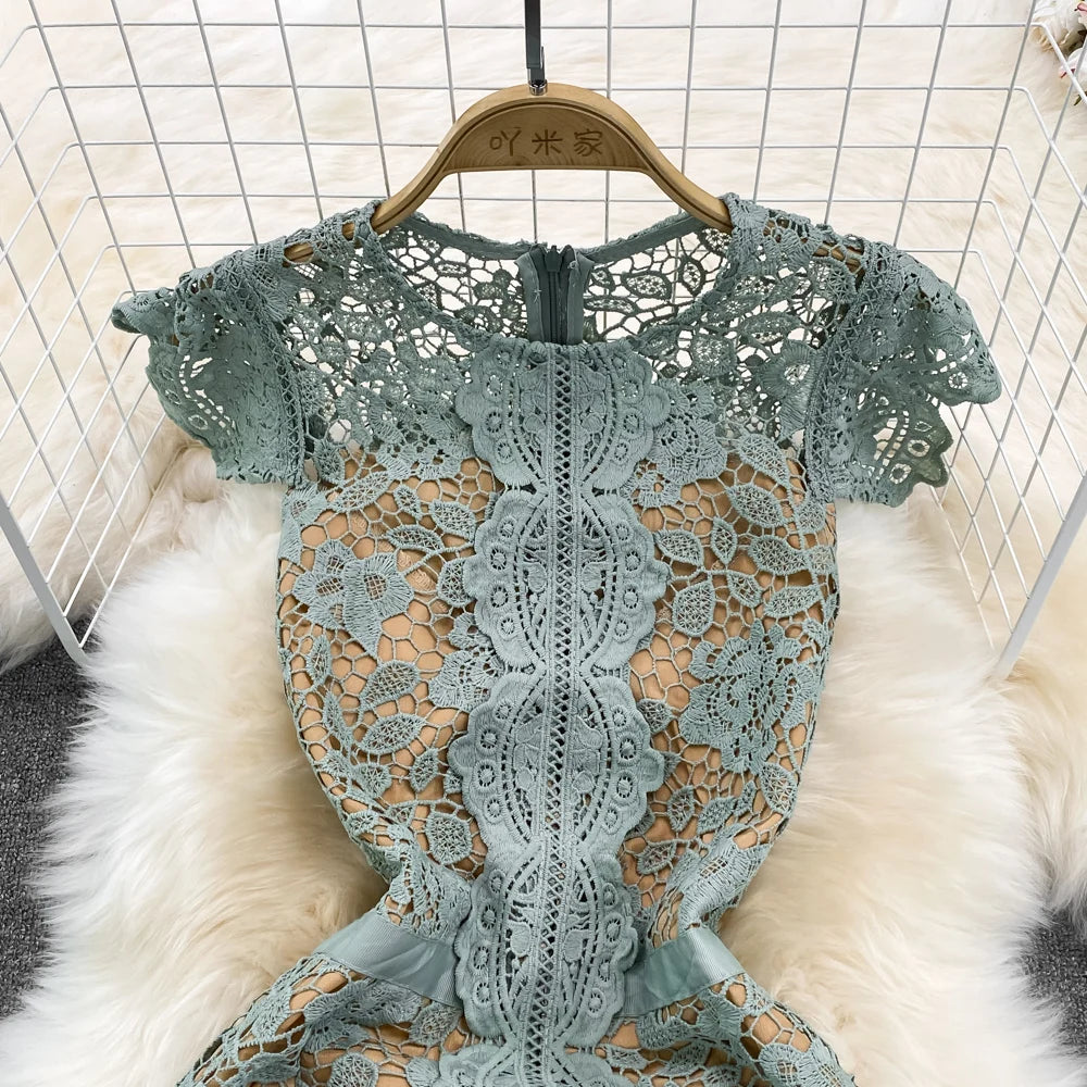 Summer Green Hollow out Lace Mini Dress