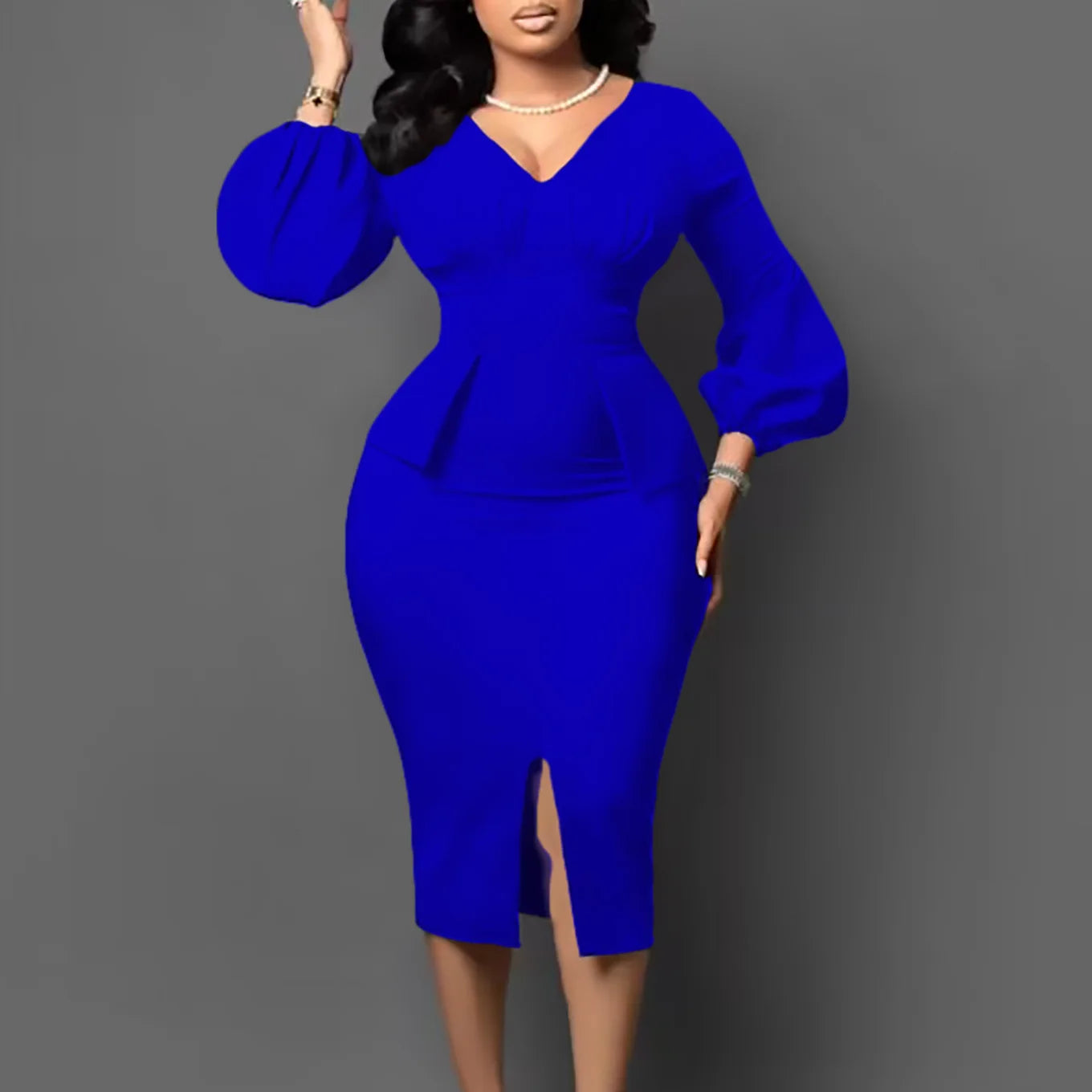 New  V-neck Puffed Sleeve Slit Dress