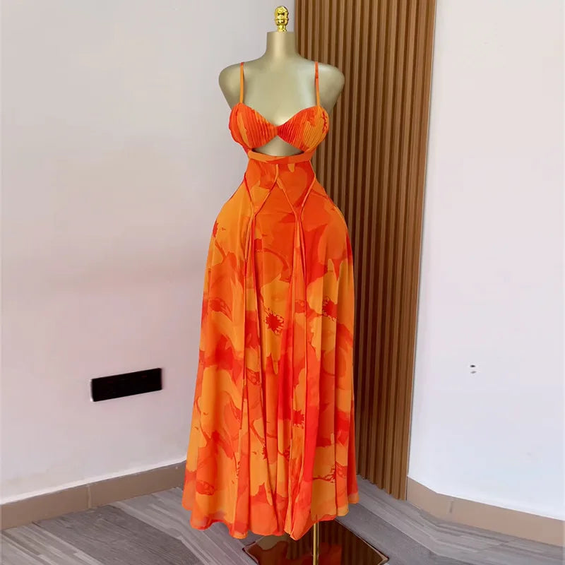 Floral Printed Strap Backless Bra Front Big Swing Maxi  Dress