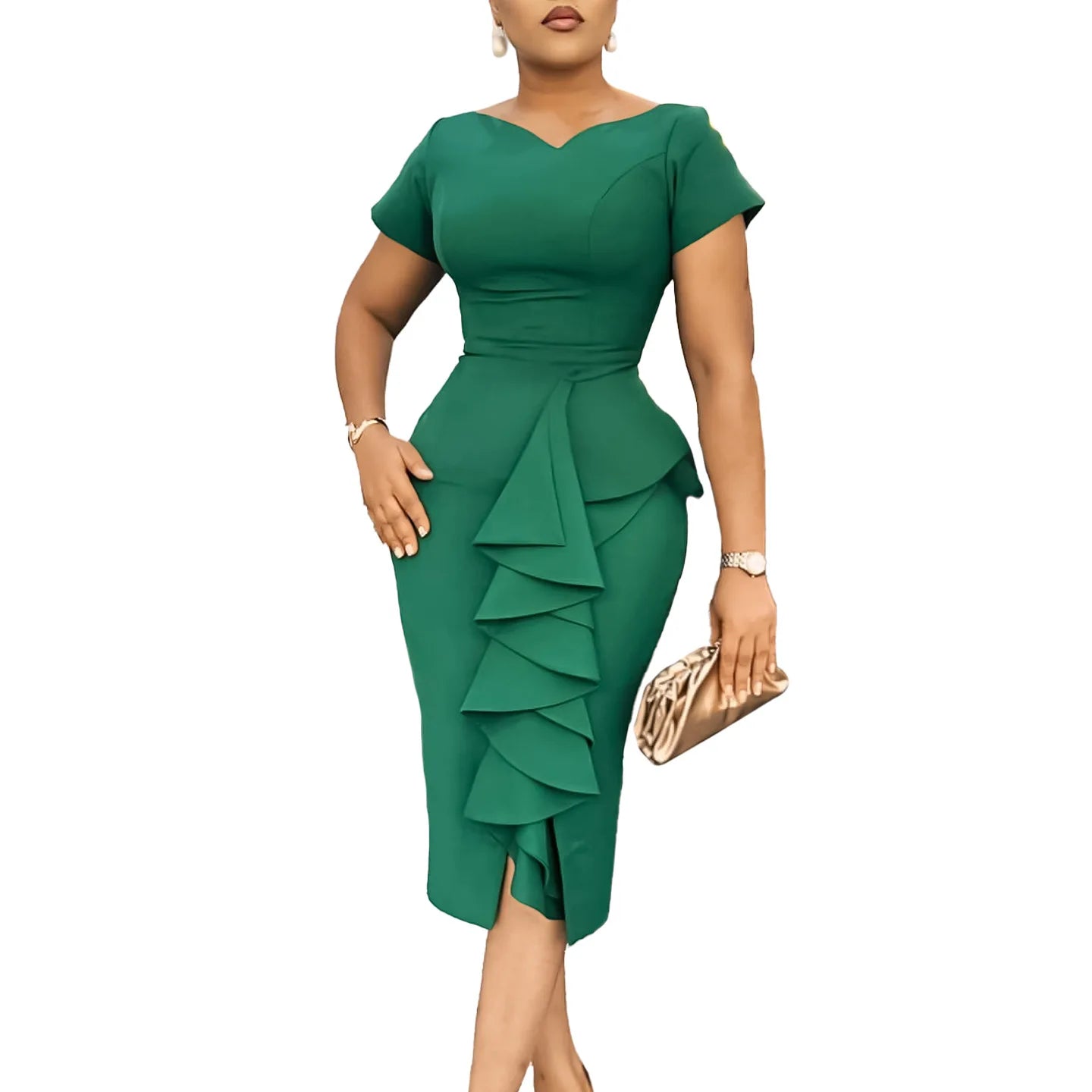 2025 New Fashion Short Sleeve Solid Color Ruffled High-Waisted Dress