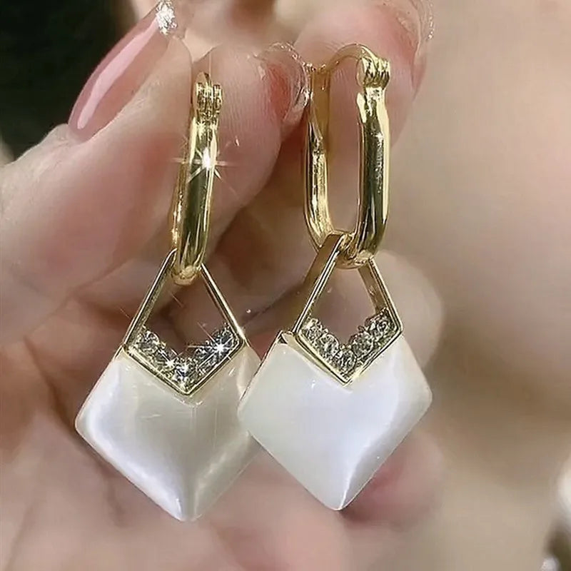 New Geometric Rhombus Luxury Opal Earrings – Modern Sparkle for Every Moment