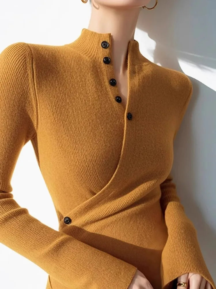 Elegant Ginger Stand Up Collar Long Sleeved Knitted Sweater