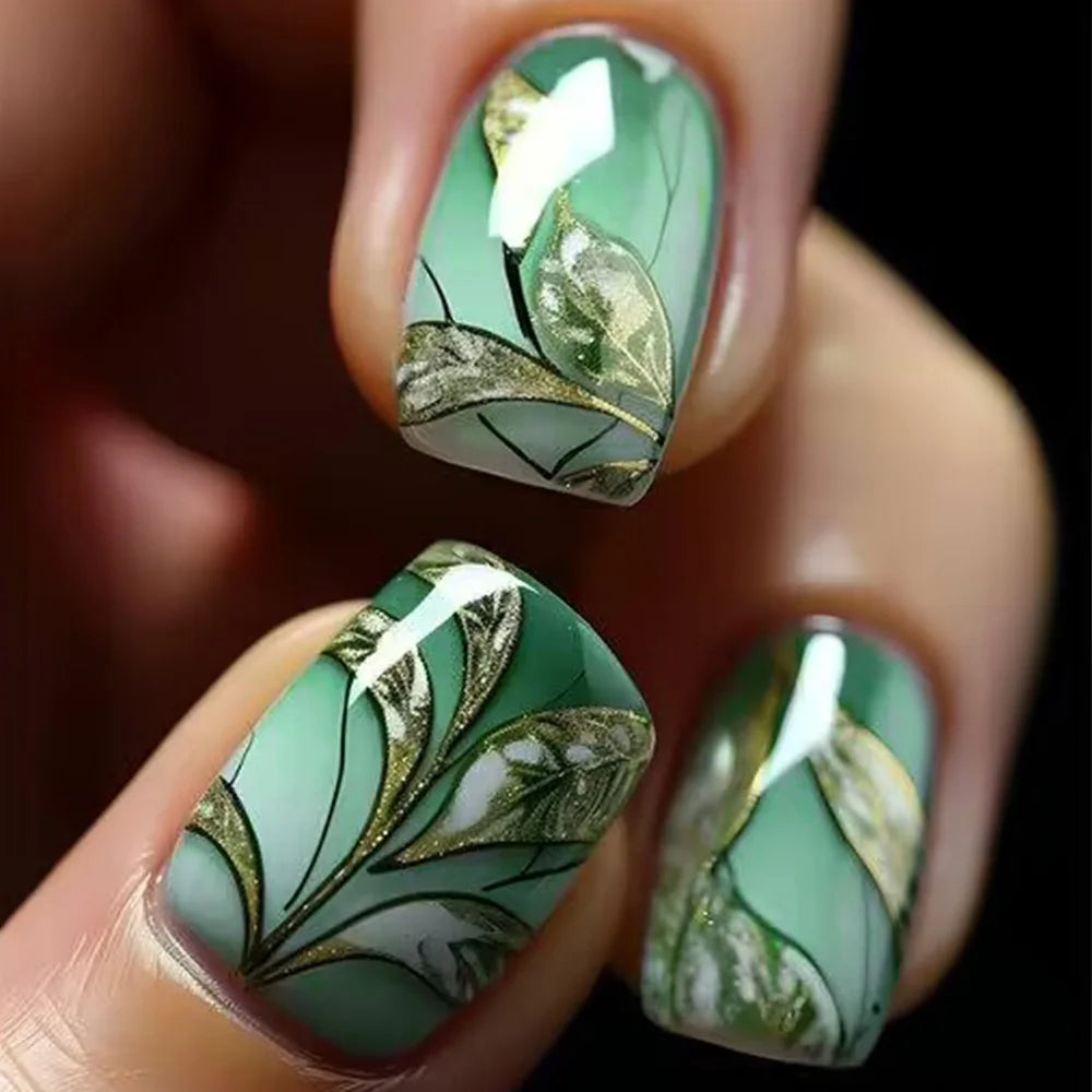 24Pcs Mid-length Square Press-On Nails with Golden Butterfly Design