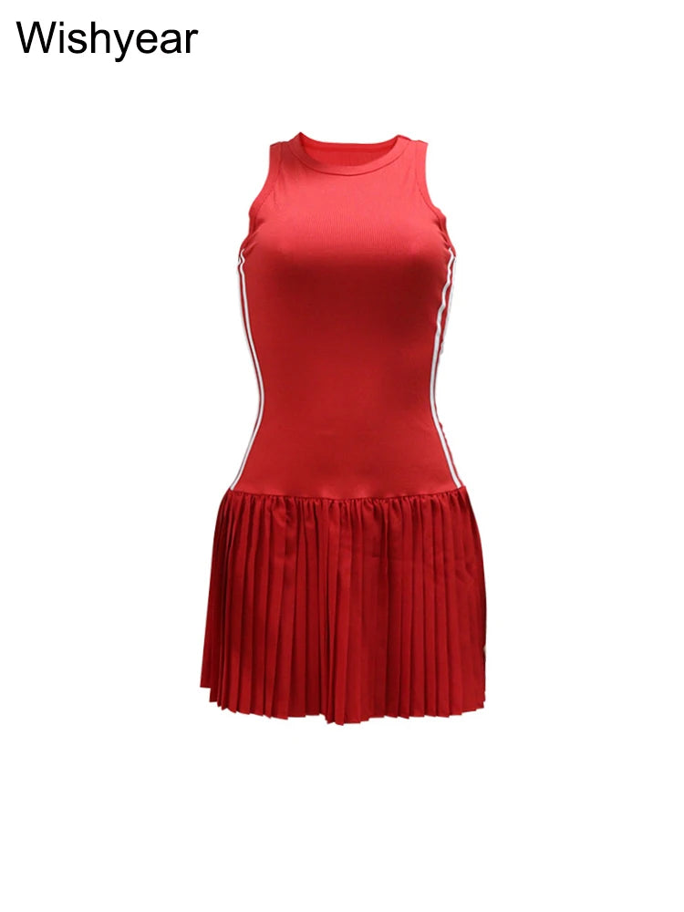 New Fashion O-neck Sleeveless Side Striped Ribbed Pleated Mini Dress