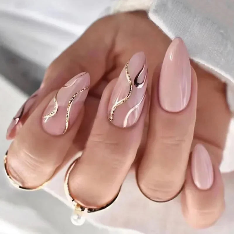 24Pcs Simple Almond Fake Nails with Green Leaves Design