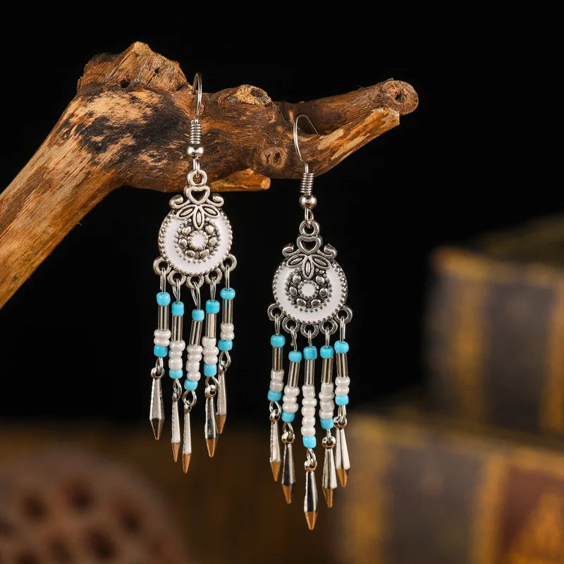 Bohemian Cute Drop Geometric Enamel Handmade Beads Tassel Vintage Boho Earrings