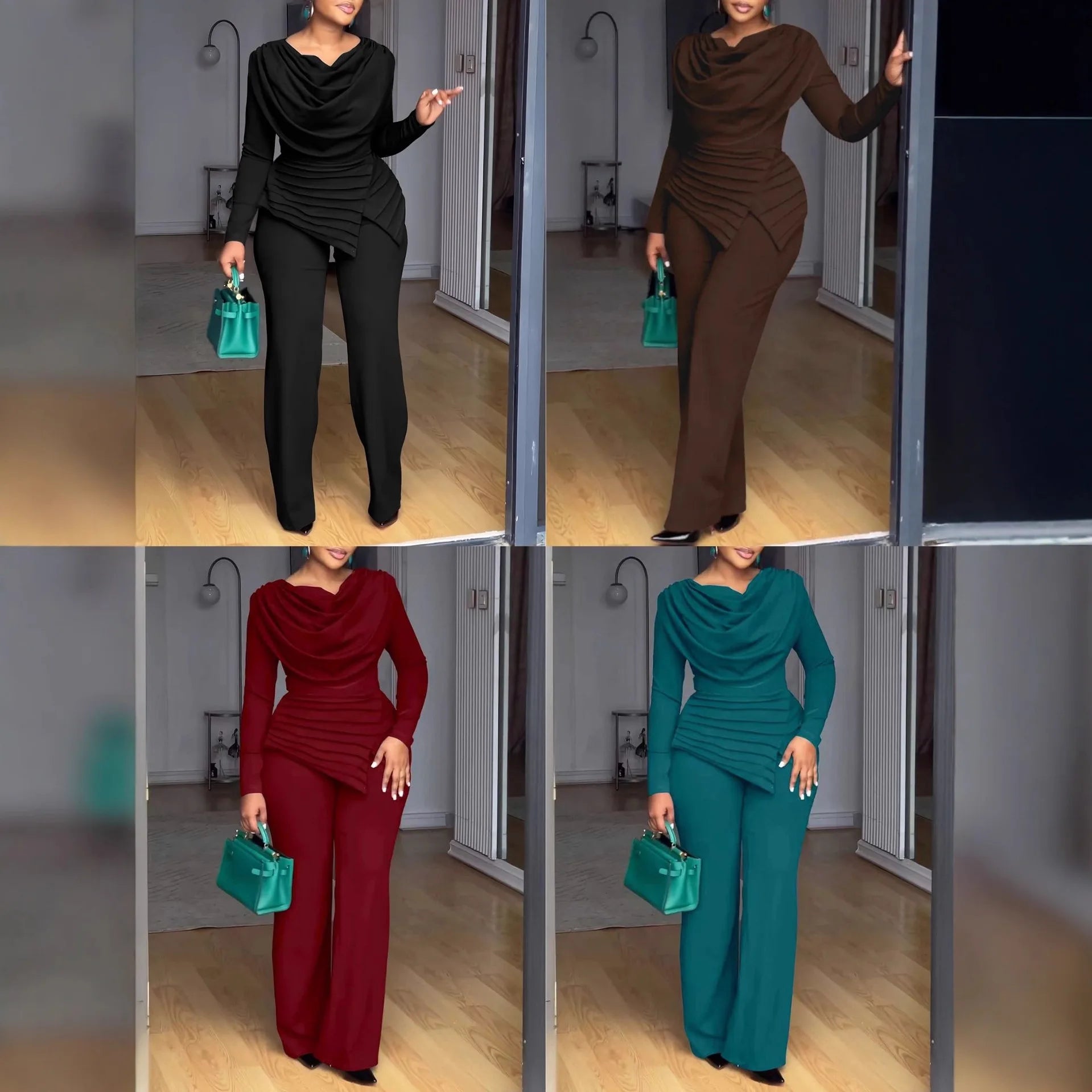 Pleated Round Neck Long Sleeve Top Full Length Waist Slim Casual  Pant Set