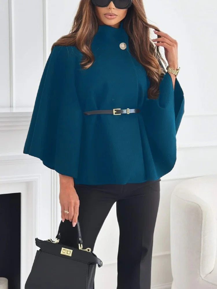 Elegant Woolen Cape Coat for Women – Belted, Fitted Waist, Winter Chic One-Piece
