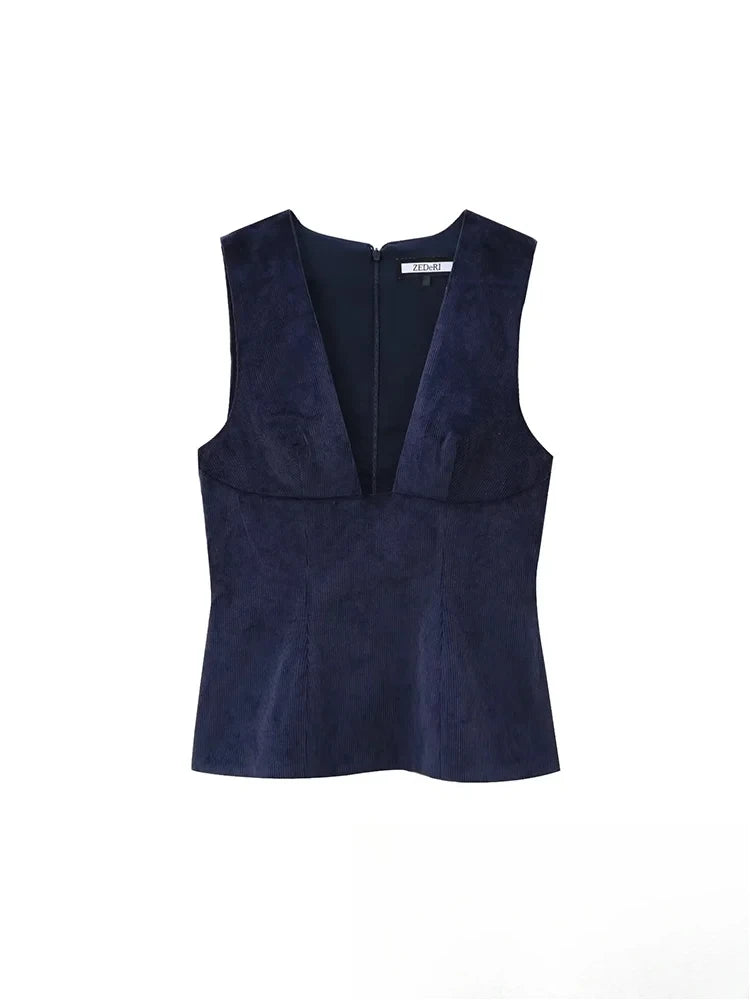 Vintage Chic Women’s Suit Set – V-Neck Sleeveless Blazer & Zipper Straight Skirt