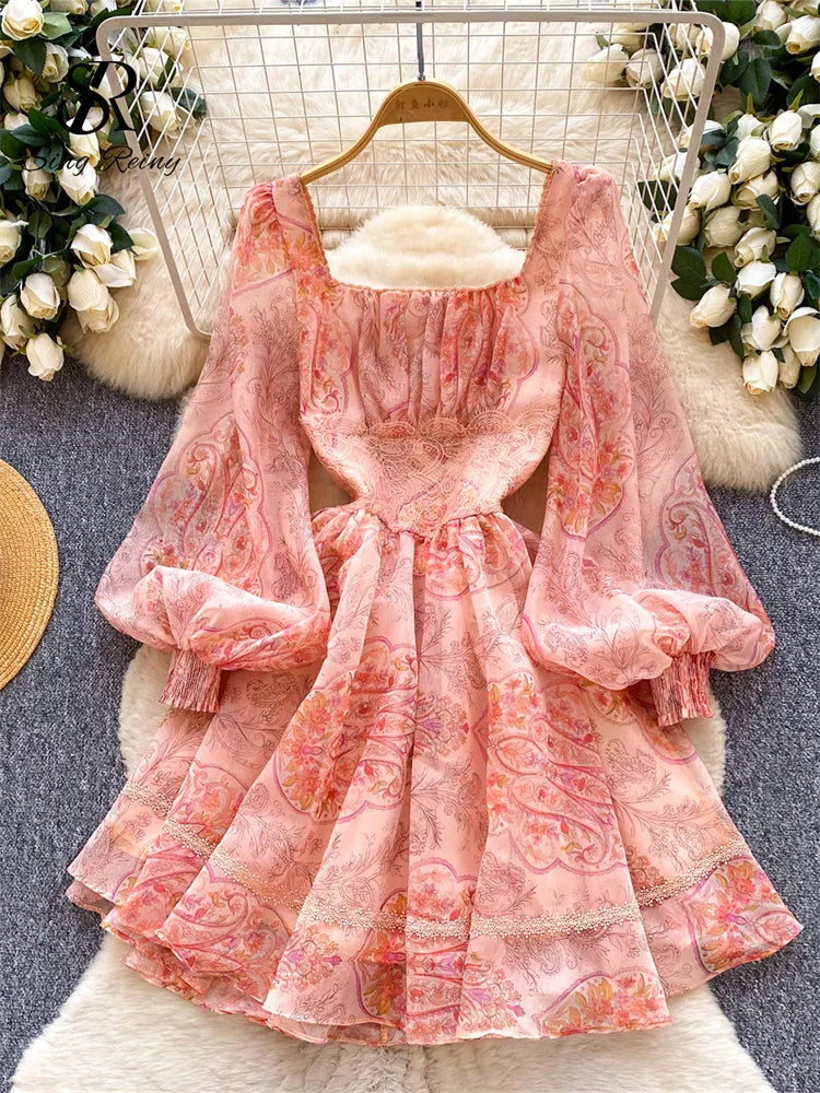 Print Lace Chiffon Square Collar Lantern Sleeve Slim A-Line Dress – Shequila's Fashions