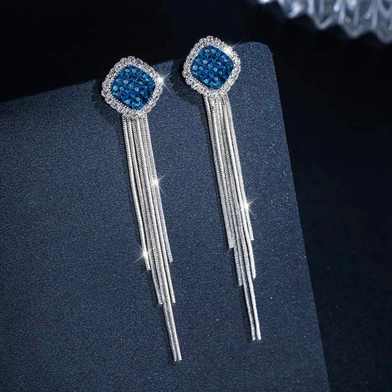 Square Blue Zircon Long Tassel Stud Earrings – Elegant Sparkle for Every Special Moment