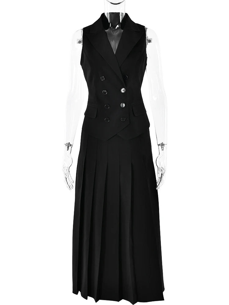 Notched Collar Pleated T Single Breasted Vest High Slit Skirt
