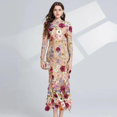 Summer High-end Embroidery Lace 3D Flower Short Sleeve Long Dress