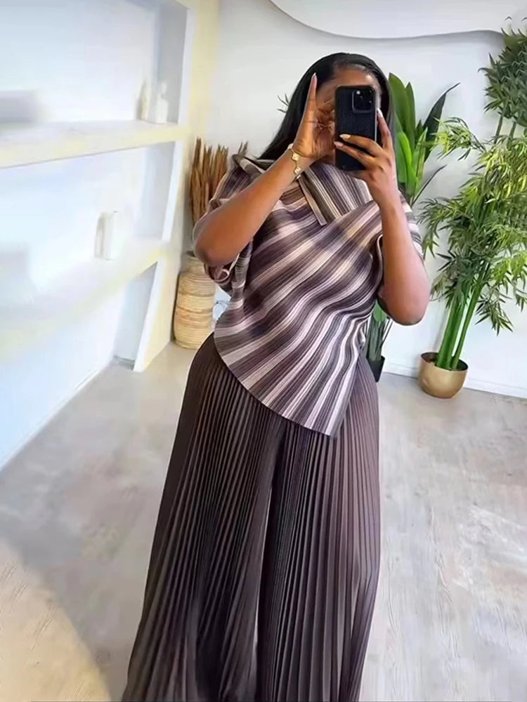Striped Pleated Contrast Color Irregular Belt Tops + Long Pants