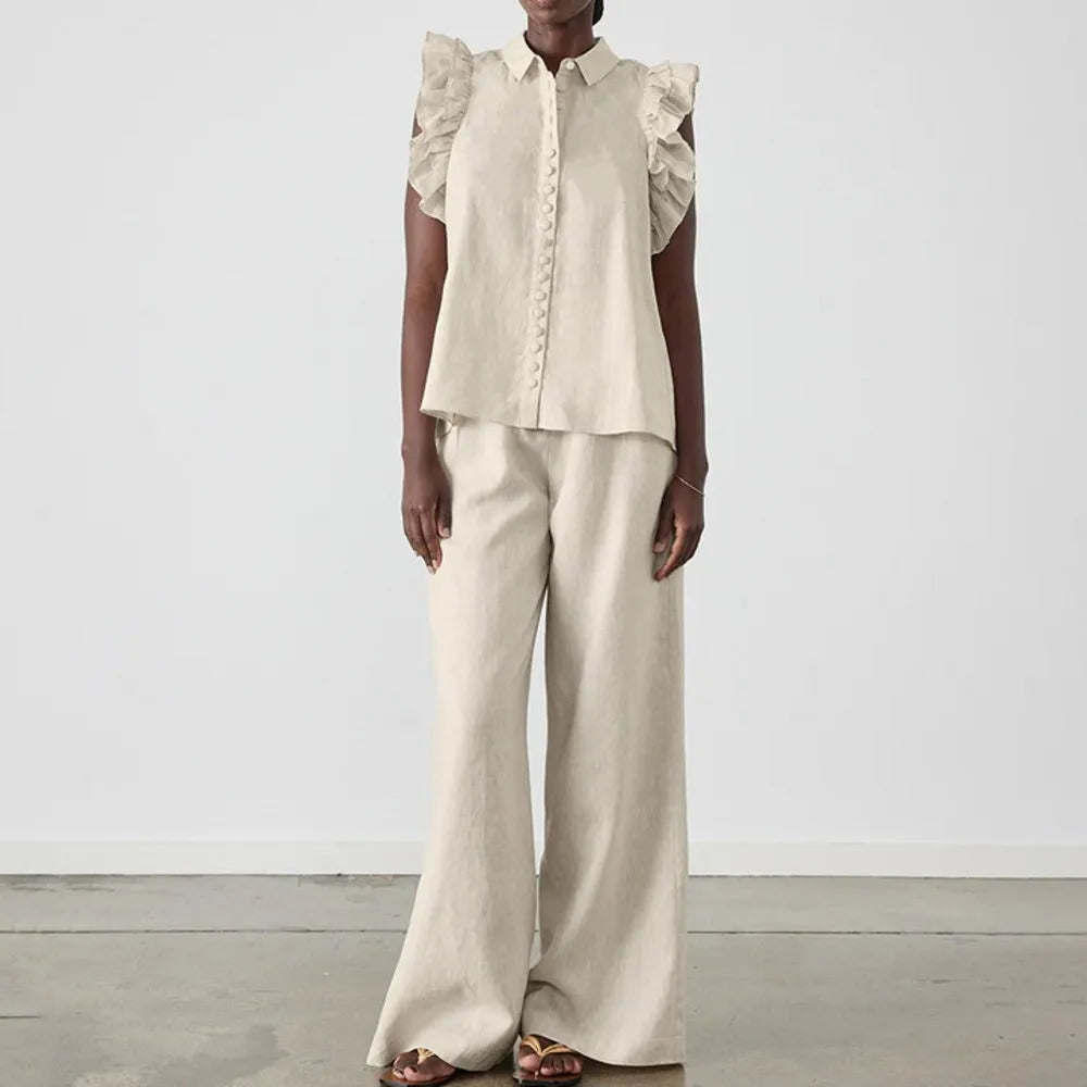 Summer Autumn Solid Two Pieces Sets Tops And Pants Suits