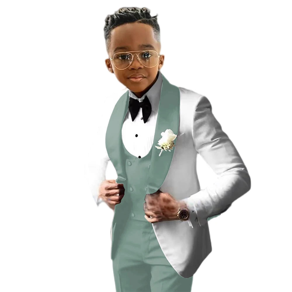 Suit for Boys Wedding Tuxedo – 3 Piece White Jacket, Royal Blue Pants &amp; Vest | Slim Fit Tailored Kids Blazer Set
