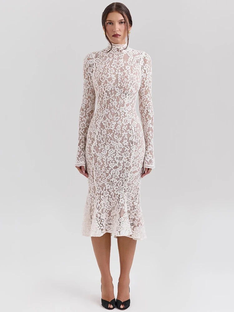 Lace Long Sleeve Sexy Midi Dress