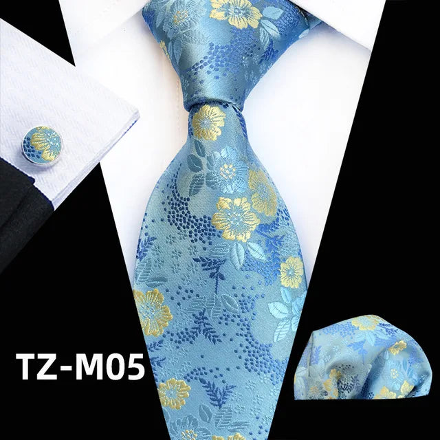 Floral  Neck Tie Set Handkerchief Brooch Cufflinks Men Accessories