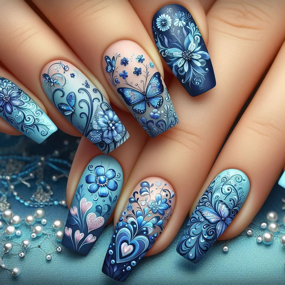24pcs Mid-length  Flower Design Stick on Fake Nail