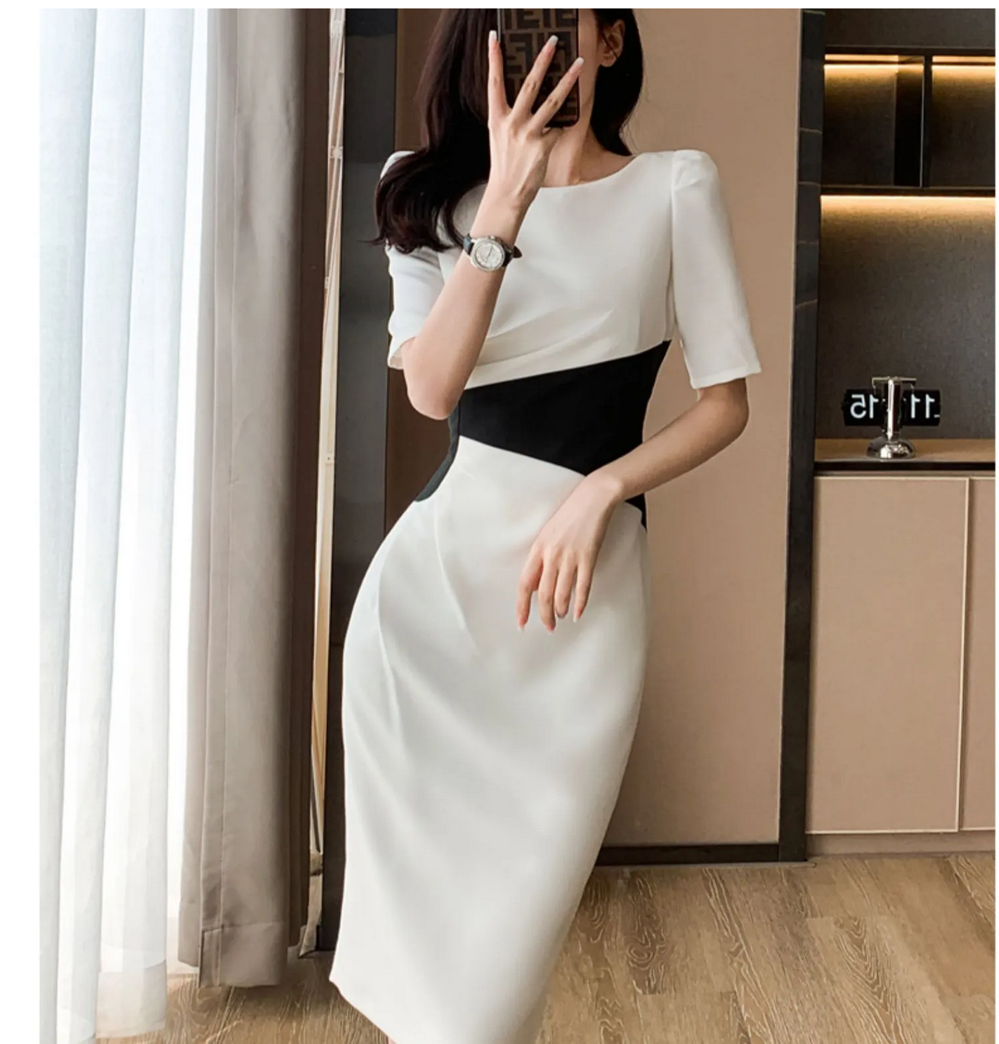 2023 New O-Neck Vintage Simple Chic Color Blocking Bodycon Office Casual Dress