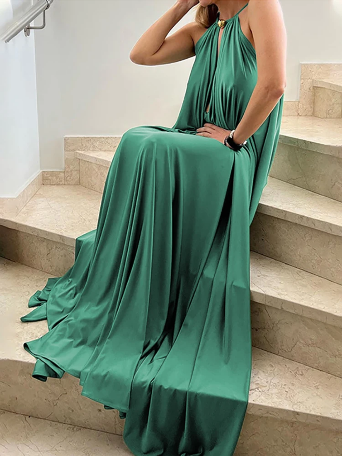 Summer Solid Deep V-Neck Hollow Out Maxi Dress