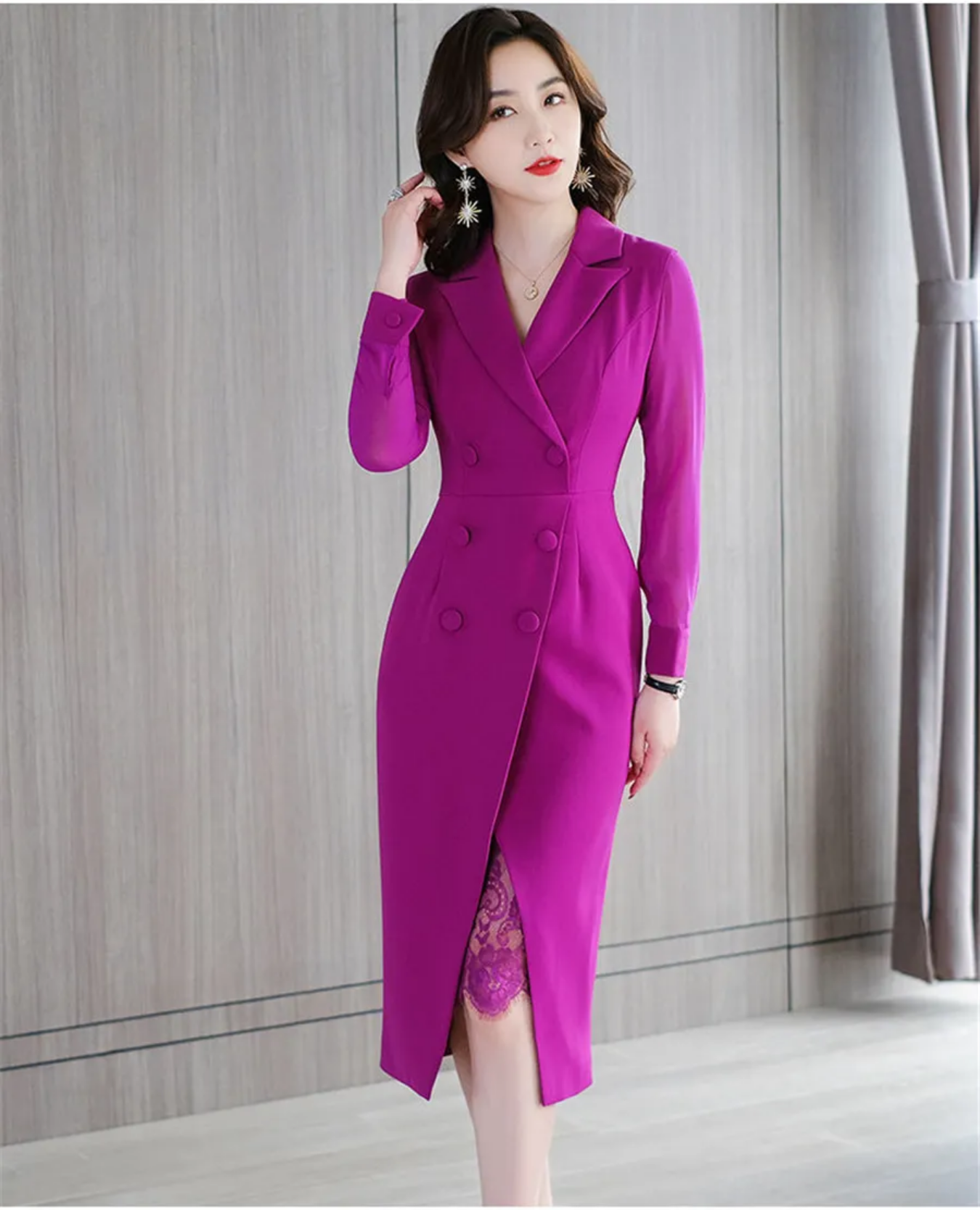 French Style Double Breasted Elegant Lace Patchwork Suit Dress