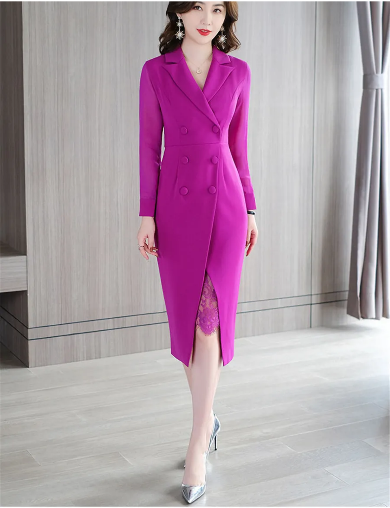 French Style Double Breasted Elegant Lace Patchwork Suit Dress