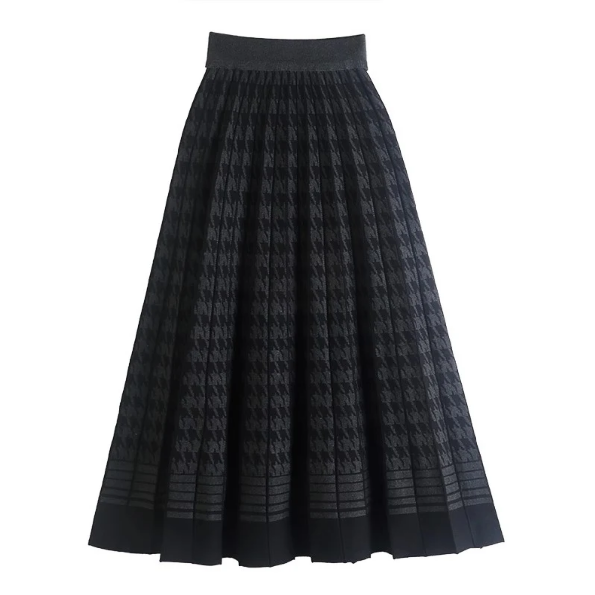 2023 Autumn Winter Vintage Houndstooth Knitted High Waist Pleated Midi Long Skirt